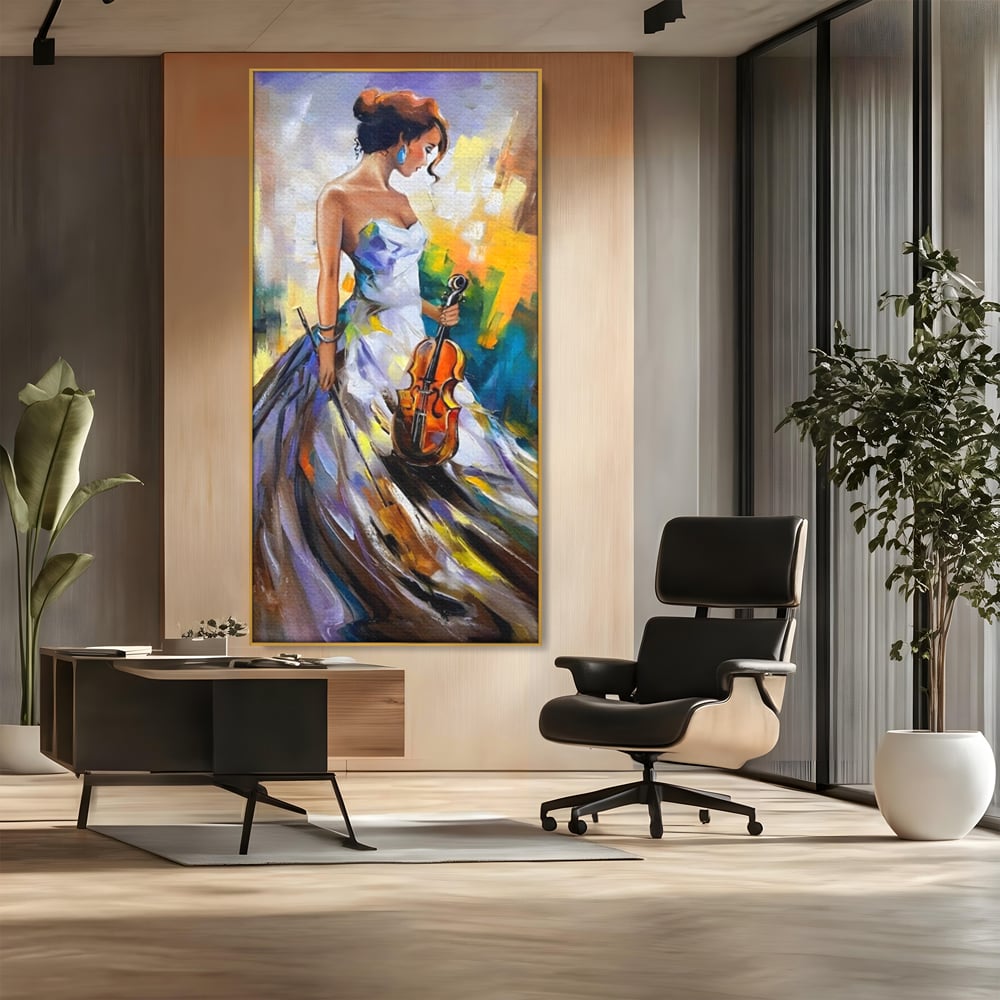 Tablou canvas cu tablou canvas cu femeie si vioara, in rama de aluminiu auriu, pe perete intr-un birou
